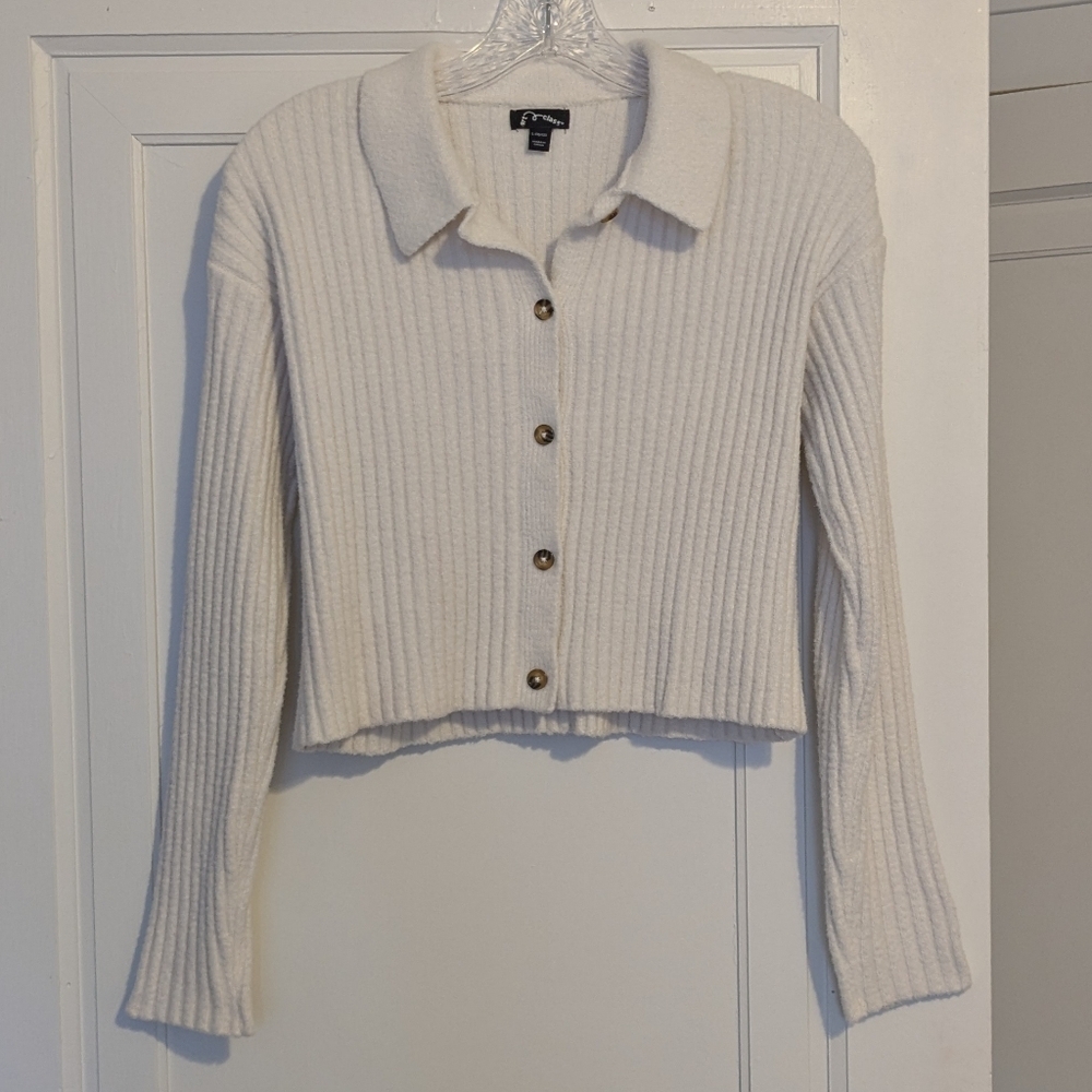 Cream Ribbed Button Collared Cardigan Girls Large 10/12